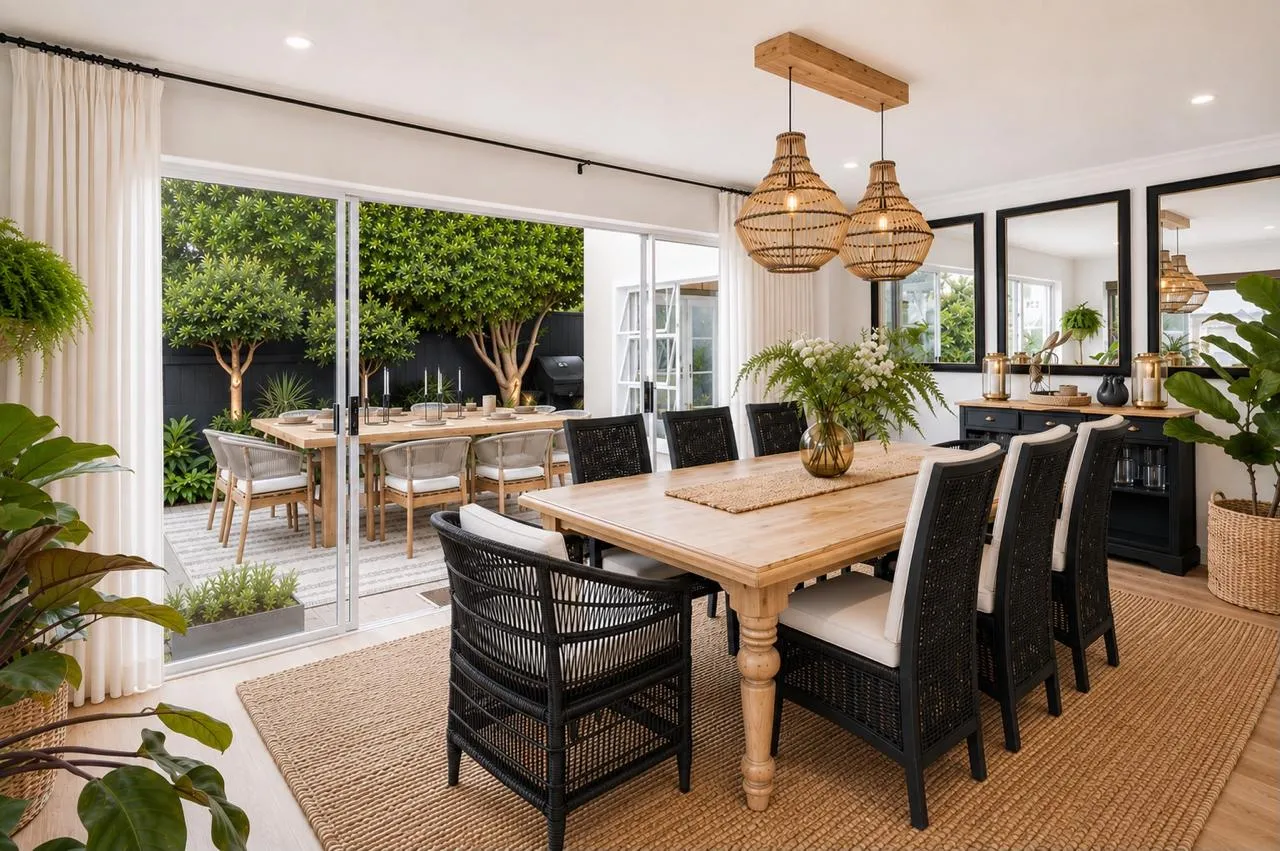 A Cape Town dining room styled by Umoya Living — a solid wood table with black woven cane chairs, rattan pendants and a garden outlook through sliding doors
