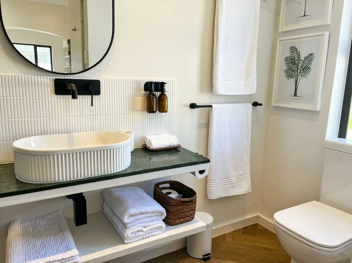 Ibis Cottage bathroom vanity with rolled towels over herringbone floors