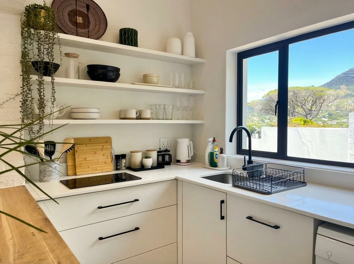 Ibis Cottage kitchen with a mountain view