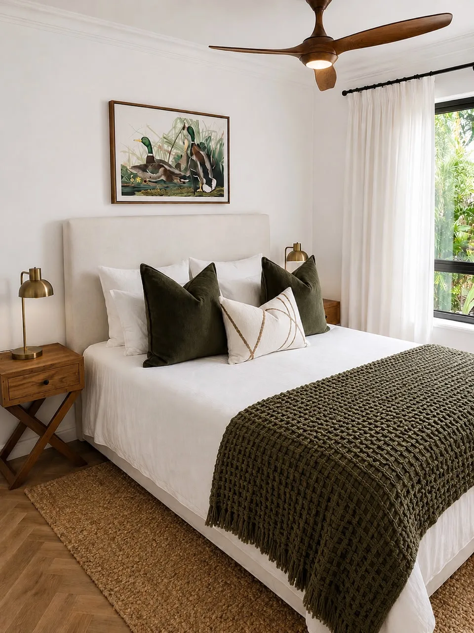Pence House guest bedroom — upholstered linen headboard, olive velvet cushions, brass lamps and a framed mallard print over herringbone floors
